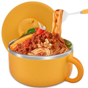 Imagem de Tigela de ramen de 1200 ml, tigela de macarrão de aço inoxidável 304 com tampa e garfo resistente ao calor, tigela de macarrão instantâneo com alças à prova de poeira, tigela de macarrão portátil para