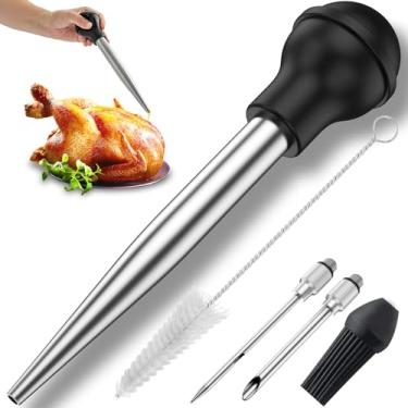 Imagem de Turkey Baster Seringa de aço inoxidável com escova de limpeza, injetor de marinada de carne com 2 agulhas e bulbo redondo de silicone destacável para churrasco, churrasqueira, cozinha, cozinhar\