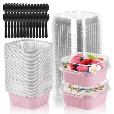 Imagem de CXIIPOL Pacote com 35 mini formas quadradas de 142 g com tampas, mini formas de bolo de 9 x 9 cm, copos de alumínio descartáveis para bolo, recipientes para festas, casamentos, aniversários, rosa