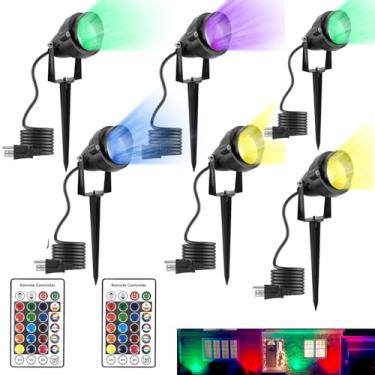 Imagem de yoosuml Holofotes com temporizador, holofotes externos RGBW 110V 12W luzes coloridas para paisagens IP65 à prova d'água com suporte pontiagudo para jardim, quintal, gramado, casa, bandeira, caminho (6