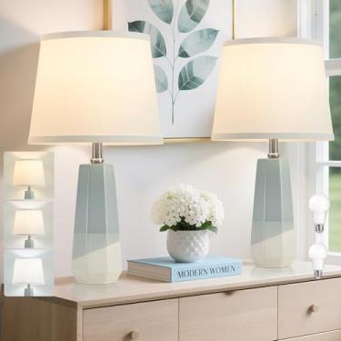 Imagem de GyroVu Candeeiro de mesa ajustável com 3 cores de temperatura, conjunto de 2 lâmpadas de cerâmica, lâmpadas de cabeceira com giratório giratório, luminária de mesa de cabeceira para sala de estar