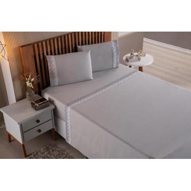 Imagem de Jogo de Cama Lençol Casal Super King 4 Peças Cinza 200 Fios Bordado In