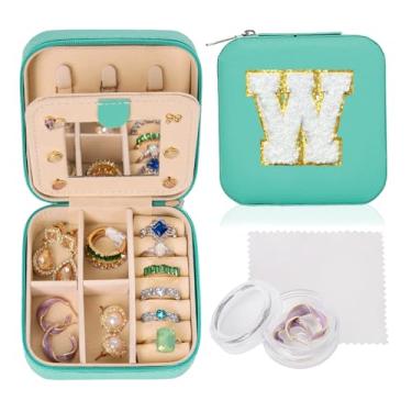 Imagem de Ulico Estojo de joias de viagem – pequena caixa organizadora com espelho, suporte para mulheres, meninas, amigas, irmã, presente de aniversário, inicial azul W