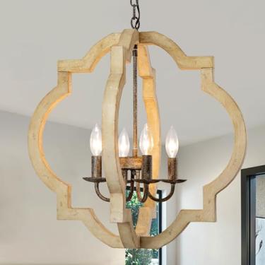 Imagem de Lustre de madeira de fazenda de 53 cm para sala de jantar, 4 luminárias rústicas de sala de jantar sobre mesa com bases E12, luminária suspensa ajustável para ilha de cozinha, hall de entrada, entrada