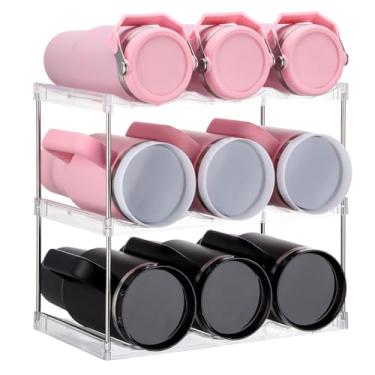 Imagem de AIZOE Organizador empilhável de garrafa de água para armário, suporte de 3 níveis 9, organizador de copos para armários de cozinha, rack de garrafa de água de plástico transparente para copo, vinho