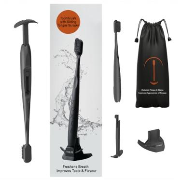 Imagem de TOKII Escova de dentes com cerdas macias de carvão de bambu e raspador de língua deslizante, bolsa de viagem à prova d'água e suporte de escova de dentes higiênico, escova de dentes de carvão ativado