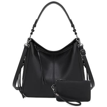 Imagem de lapsting Hobo Bolsas femininas bolsa de mão feminina boho bolsa de ombro bolsa transversal bolsas de couro sintético, J - 38,5 cm preto, 2PCS Large - 15.2 inch