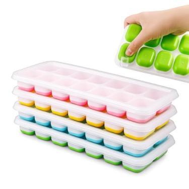 Imagem de Kit 4 Formas Premium de Gelo com Tampa Silicone Flexível Multiuso Papinha Bebê Drinks Whisky Frutas Molhos Antiodor Livre BPA Freezer Desenforma Fácil Cozinha Organizada Reutilizável Durável