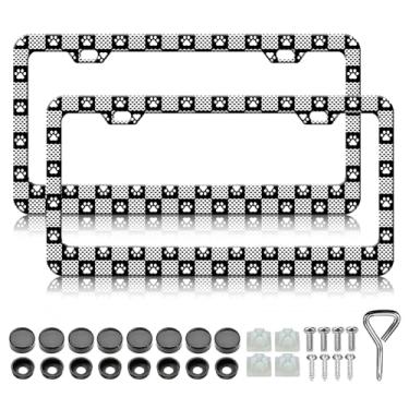 Imagem de Moldura de placa de licença Dog Paws - 2 peças padrão de tabuleiro de xadrez patas de cachorro suporte de placa de licença de alumínio engraçado, à prova de ferrugem, à prova d'água para carro