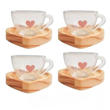 Imagem de Xícara de Vidro 90ml com Pires de Madeira – Design Moderno e Resistente, Ideal para Café Expresso, Chá e Cantinho do Café (4 XIC CAFÉ ROSA +PIRES CORAÇÃO)