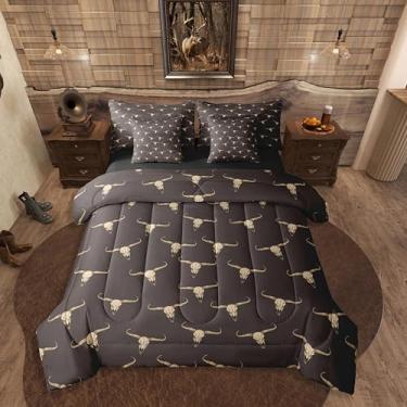 Imagem de Erosebridal Conjunto de edredom de 7 peças de caveira de touro, étnico, boêmio, para homens e meninos, boi tribal, crânio selvagem, asteca, decoração de quarto, cabana de fazenda, conjunto de lençol