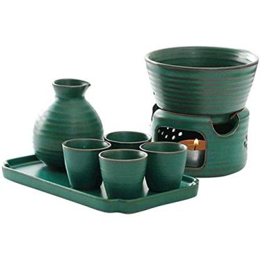 Imagem de JOEUQK Conjunto de copos de saquê japonês, kit moderno de cerâmica quente com bandeja, 7 peças incluem 1 fogão, 1 tigela de aquecimento, 1 garrafa de saquê, 4 xícaras, conjunto de pote de saquê