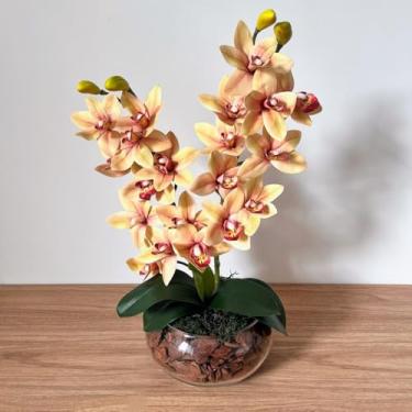 Imagem de Orquídeas Artificiais com Vaso Decorativo Vidro, Arranjo Flores para Decoração (Creme)