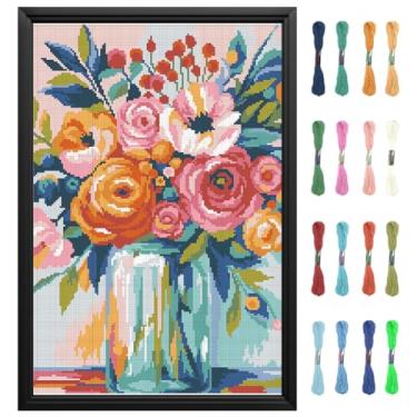 Imagem de FREEBLOSS Kit de ponto cruz estampado 11CT para adultos iniciantes com instruções kit de ponto cruz padrão de vaso de flores bordado decoração de parede sem moldura 14 x 20 pol/35 x 50 cm