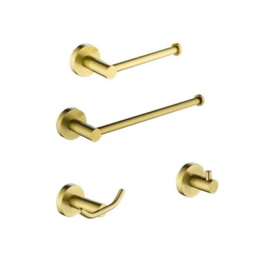 Imagem de Acessórios de banheiro dourado escovado, toalheiro, escova de vaso sanitário, suporte de papel, gancho de barra de toalha, saboneteira, prateleira de parede, saboneteira (conjunto completo 07)