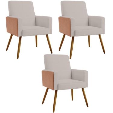 Imagem de Kit 03 Poltronas Decorativa Maria W01 Pés Palito Linho Bege Couríssimo Camel - Lyam Decor