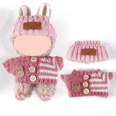 Imagem de Compatível com Labubu (sem boneca) - Conjunto de malha rosa (chapéu + suéter + calça) com patch de coelho, roupas de boneca de 15 cm/17 cm (rosa, sem bolsa)