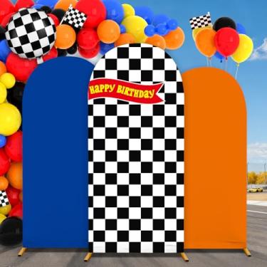 Imagem de 3 peças de capa de fundo de arco com tema de corrida, 1,2 m, 1,5 m, 1,8 m, preto e branco, Chiara Hot Car, elastano, elástico, arco, pano de fundo, decoração de festa de aniversário para corrida