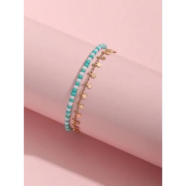 Imagem de Tornozeleira com contas de sementes douradas em camadas, 2 peças, boêmia, férias de verão, praia, azul, branco, contas, moda, vintage, Havaí, pulseira de tornozelo na perna, acessórios de joias