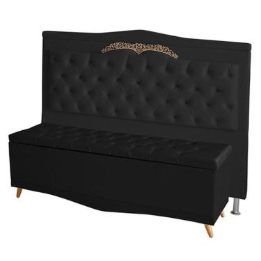 Imagem de Kit De Cabeceira De Cama Box E Calçadeira Baú Helena Queen 160 Cm Retro Capitonê Suede Preto Eli Móveis