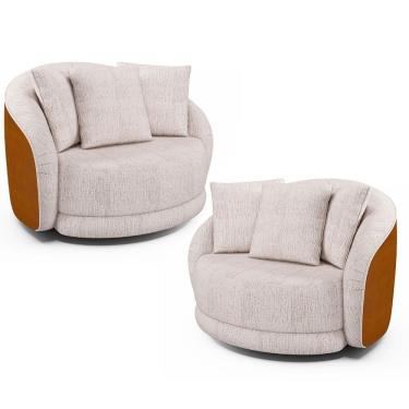 Imagem de Kit 2 Poltronas Decorativa Giratória Para Sala Kaly M22 Sintético Caramelo/linho Bege - Mpozenato