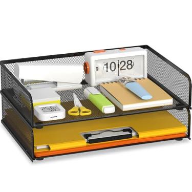 Imagem de YINGHUA Pacote com 2 bandejas de papel empilháveis de malha de metal para sala de aula, organizador de arquivos de mesa de escritório, caixa de armazenamento para pasta de documentos tamanho carta/A4