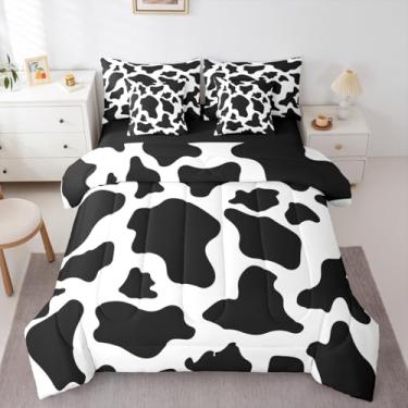 Imagem de Erosebridal Jogo de cama solteiro de vaca leiteira, estampa de vaca leiteira, 7 peças, preto e branco, para decoração de quarto de meninos, adolescentes, adultos, lençol de microfibra macia abstrata
