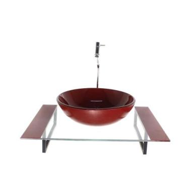 Imagem de Kit Cuba Vidro Redonda Tampo 60Cm Vermelho Cereja E Suporte - Cubas E 