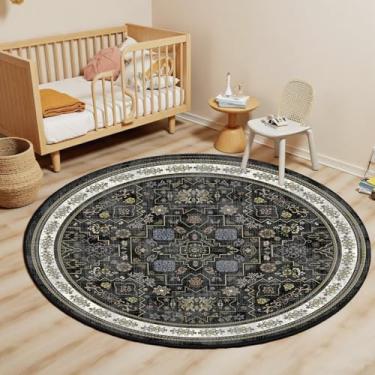 Imagem de Tapete redondo 1,2 m vintage boho pequeno tapete circular lavável tapete redondo antiderrapante para quarto de crianças escritório entrada faculdade dormitório banheiro, preto