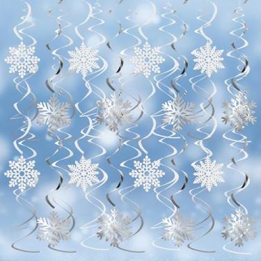 Imagem de 30 peças de decorações de floco de neve de inverno, flocos de neve, decoração de redemoinho, guirlanda de flocos de neve, Natal, inverno, país das maravilhas decoração de teto, branco, prata, flocos