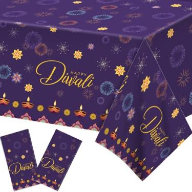 Imagem de 2 toalhas de mesa descartáveis Diwali, capa de mesa retangular festiva roxa para celebração de Diwali, suprimentos de decoração de festa temática 218 x 129 cm