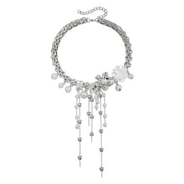 Imagem de Colar gargantilha de flor de fada, corrente de prata grossa, corações minúsculos com contas de pérolas falsas, joia pendente, joia pendurada, joia branca, pérola, flor, colar feminino, one size, Metal