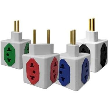 Imagem de Kit com 6 Adaptador de Tomada Universal Cubo 3D, 4 Saídas 3x 10A e 1x 20A Pino Fino e Grosso T Benjamim Compatível com Padrão Novo e Antigo Colorido