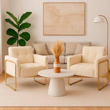 Imagem de Poltrona Sala Industrial Alta Tubo Dourado Kit 2 Elisa Bouclê Bege D03 - D'rossi