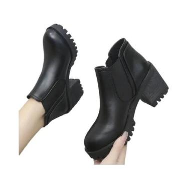 Imagem de Botas Femininas de Salto Grosso - Bico Redondo, Cor Sólida - Outono/In