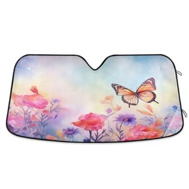 Imagem de ATTX Para-brisa de carro de borboletas cor-de-rosa 139.7 cm x 70.1 cm escudo solar universal com proteção UV, persiana de janela frontal automática dobrável para caminhões Sedans SUVs #871