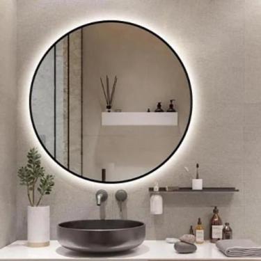 Imagem de Espelho Redondo com LED Atrás e Borda Preta de PVC - Iluminação Touch 