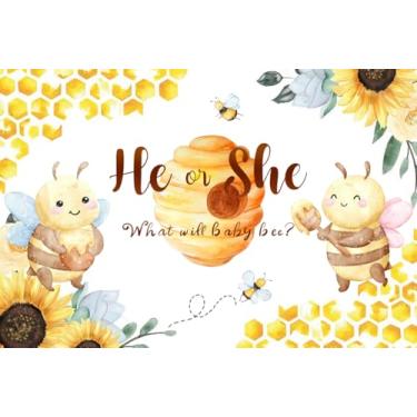 Imagem de FAMTUDE Pano de fundo para chá de bebê de abelha de 1,8 x 1,2 m, pano de fundo fotográfico de abelha para chá de bebê recém-nascido, floral, favo de mel, fundo de foto de abelha, revelação de gênero