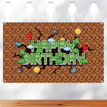 Imagem de Decorações Aniversário Pixel, 150x90cm, Pano de Fundo Happy Birthday Bandeirola Pixel Verde e Marrom Suprimentos Festas Tema de Jogo para Celebração Infantil Masculina Acessórios Fotos