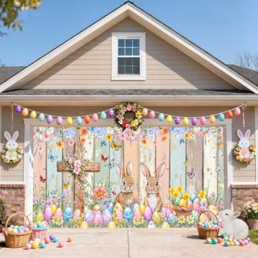Imagem de Capa de faixa de porta de garagem de feliz páscoa de 4,6 x 1,8 m fofa coelhinha ovo primavera floral cruz colorida pano de fundo de madeira para decoração de festa infantil de páscoa ao ar livre