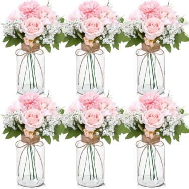 Imagem de Zeyune Conjunto de 6 vasos de vidro vintage para flores, vasos para centros de mesa, copos de flores transparentes para centros de mesa, decoração de mesa de recepção, arranjos florais (rosa)