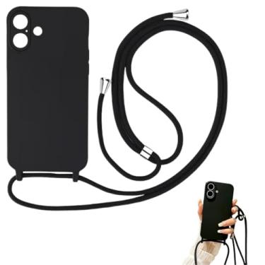 Imagem de Capinha de Silicone com Cordão Alça Compátivel com iPhone 16 (Preto)