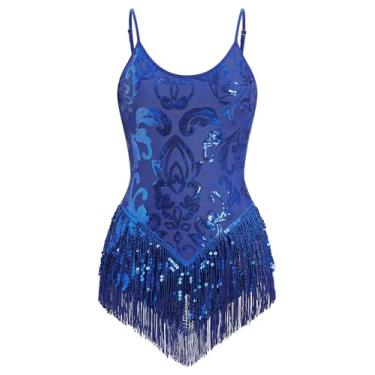 Imagem de IMEKIS Body feminino com franjas brilhantes estrelas para concerto, rave, festivais de música, Halloween, cosplay, fantasias alienígenas, Azul royal floral, P