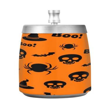 Imagem de Qilmy Cinzeiro de aço inoxidável Halloween Spiders com tampa - Cinzeiro de cigarro à prova de vento sem cheiro sem fumaça para casa, escritório, carro, pátio, varanda (uso interno e externo)