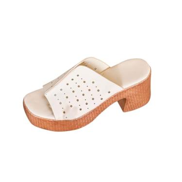 Imagem de Salto alto feminino vazado estilo romano para uso casual de verão, adequado para uso externo e interno com material PU de 8,5 cm de altura do salto, Branco, 35