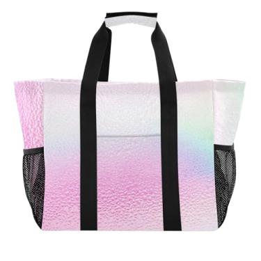 Imagem de ODAWA Bolsa leve de praia aberta para mãe, bolsa esportiva dobrável para viagens à praia, gradiente holográfico arco-íris