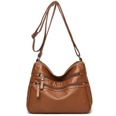 Imagem de Bolsas transversais de couro para mulheres, bolsa de ombro de couro macio com vários bolsos com alça ajustável, preta 26 x 20 cm, Marrom, Medium, Bolsa tiracolo