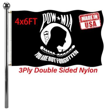 Imagem de Jayus Bandeiras militares Pow Mia 4x6 ao ar livre - Nylon resistente dupla face preta Pow You Are Not Forgotten Prisoner of War - Memorial Veterans Armed Forces Military Flag Banner com 2 ilhós