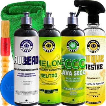 Imagem de Kit lavagem a seco automotivo Ecco cera Toque de mestre shampoo Melon protetor de plasticos Rubead Easytech