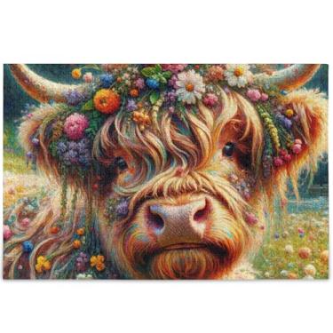 Imagem de Quebra-cabeça floral personalizado de vaca Highland adulto 500 peças presentes para família elefantes brancos quebra-cabeças legais decoração de arte animal, 52 cm x 37,8 cm